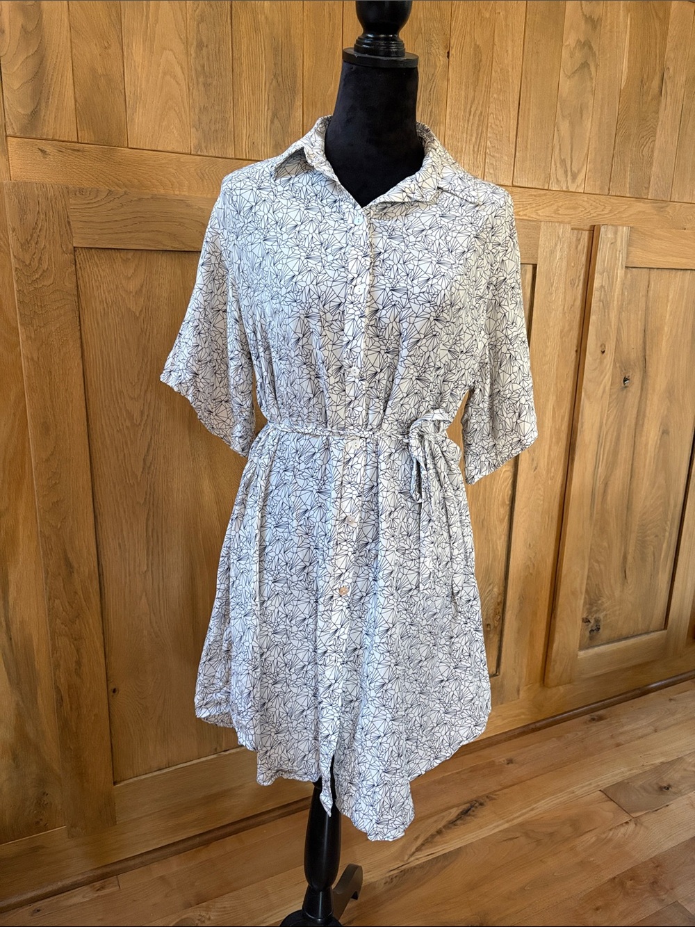 Amour Vert White and Blue Geometric Silk Shirt Dress